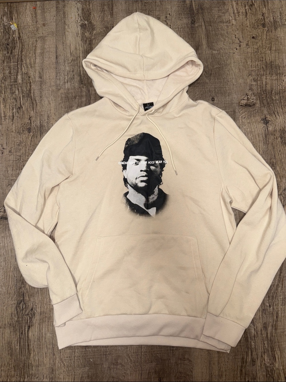 Men's Cream Graphic Pullover Hoodie with Black Portrait Print